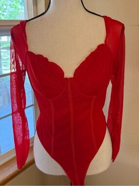 Red Long Sleeve Mesh Bustier Bodysuit